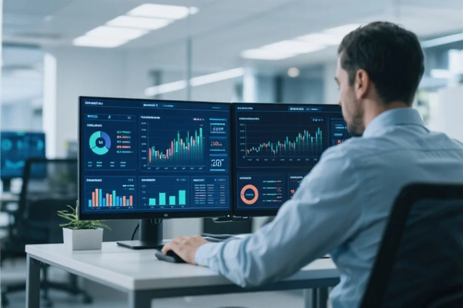 一位数据分析师正专注于屏幕,屏幕上显示着多种数据图表和走势图,环境为现代办公室